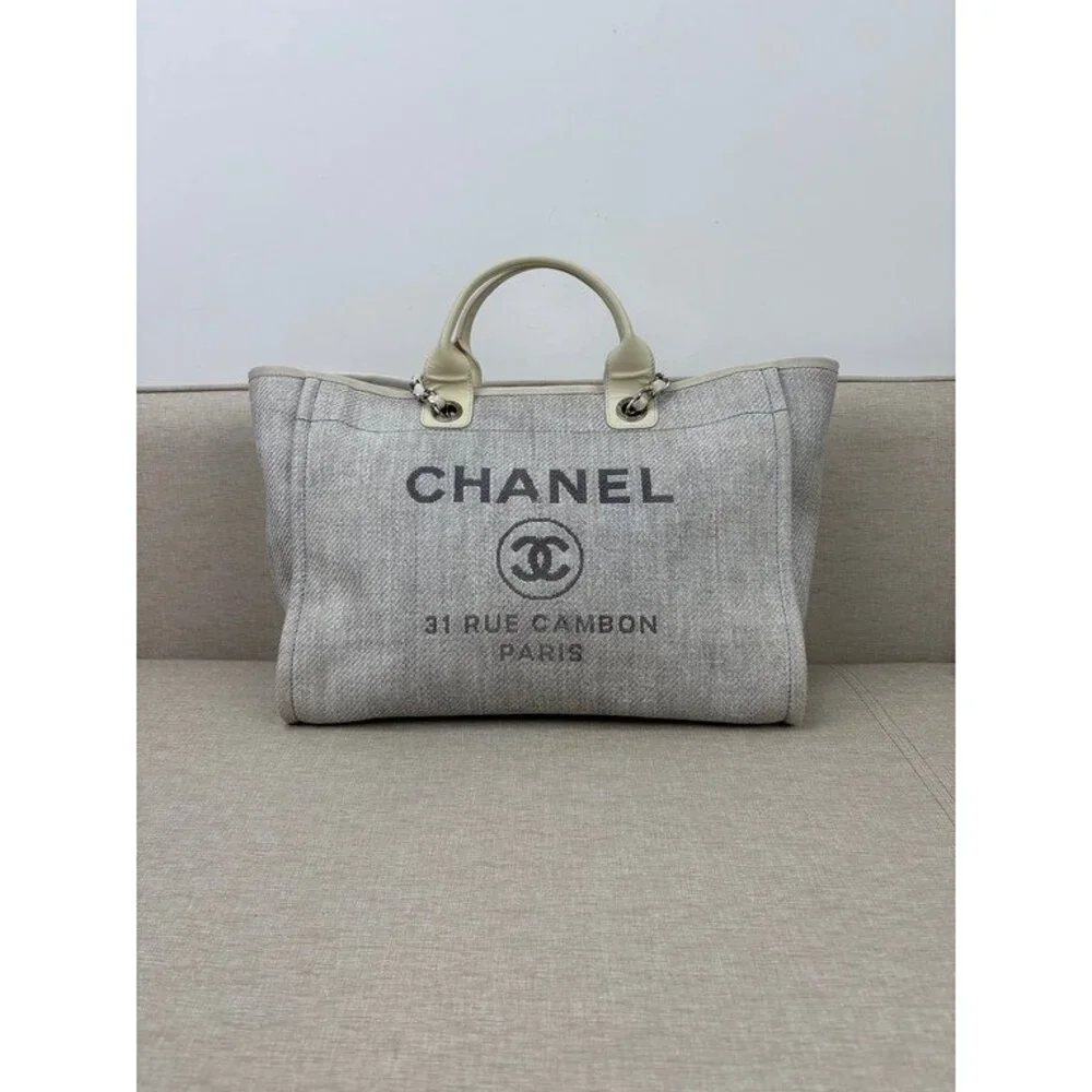 CHANEL Grey Raffia Deauville Shopping Bag Medium SHW